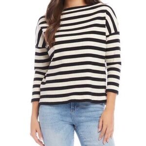 Karen Kane Sheridan Stripe 3/4 Sleeve Boatneck Rib Top in Black & Cream, XL